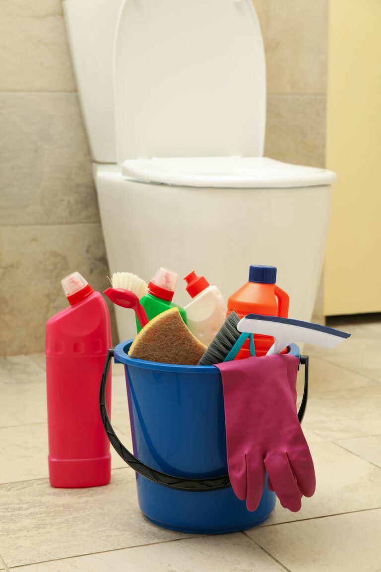 Bucket with cleaning products in modern bathroom